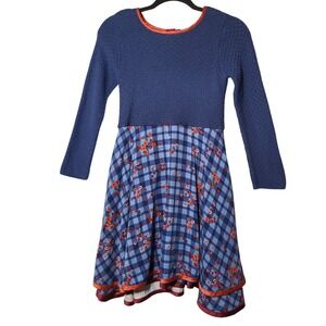 Wild Flowers Girls Blue Textured Knit Plaid Floral Mixed Media Dress Size 14